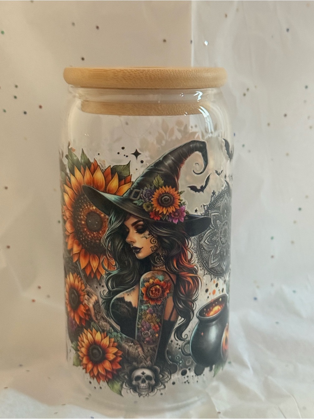 Sunflower Witch Glass Tumbler with Bamboo Lid and straw - Orange & Black